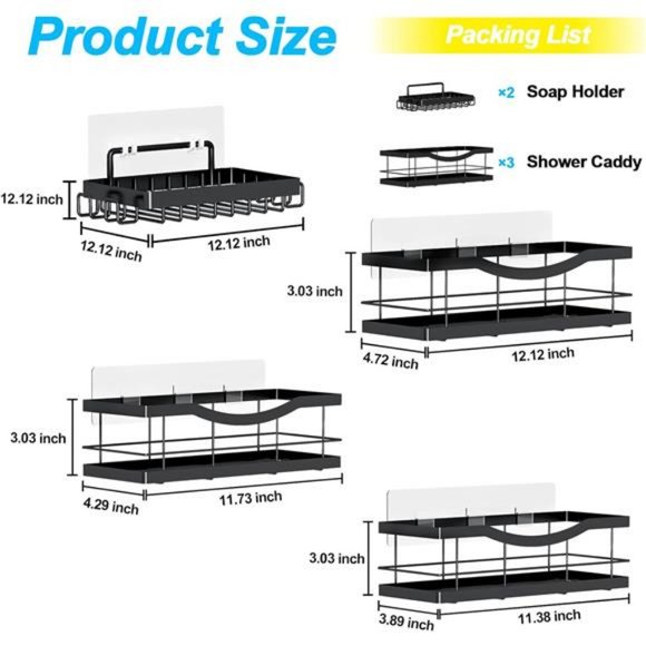 Shower Shelf Deep Caddy 5-Pack basket with Soap Dish Holder, Stainless Steel - Picture 5 of 8